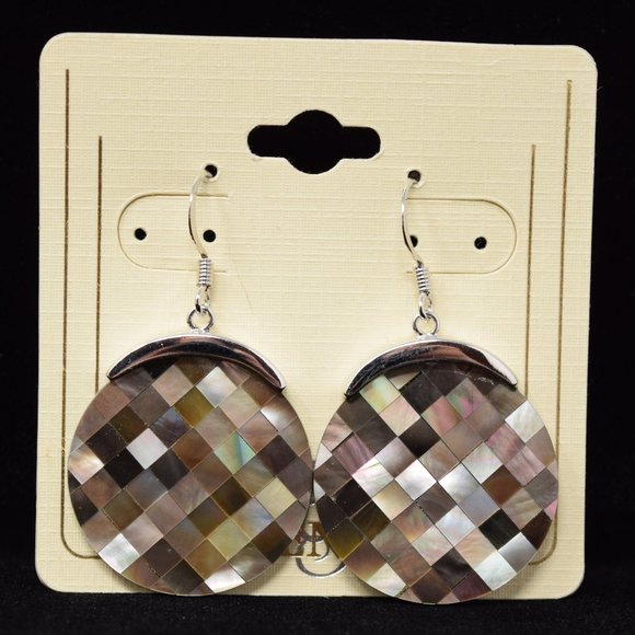 RS Covenant Mother of Pearl Earrings Black MOP Round Mosaic Dangle Drop New - Picture 8 of 8